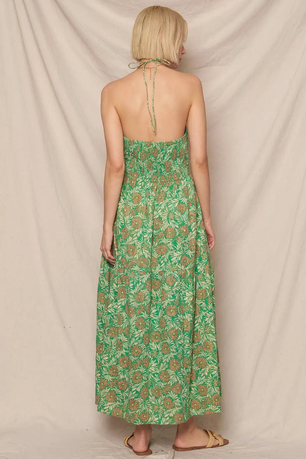 En Crème En Crème Green Floral Print Strappy Halter Neck Midi Dress with Lurex - Dresses floral print strappy dress