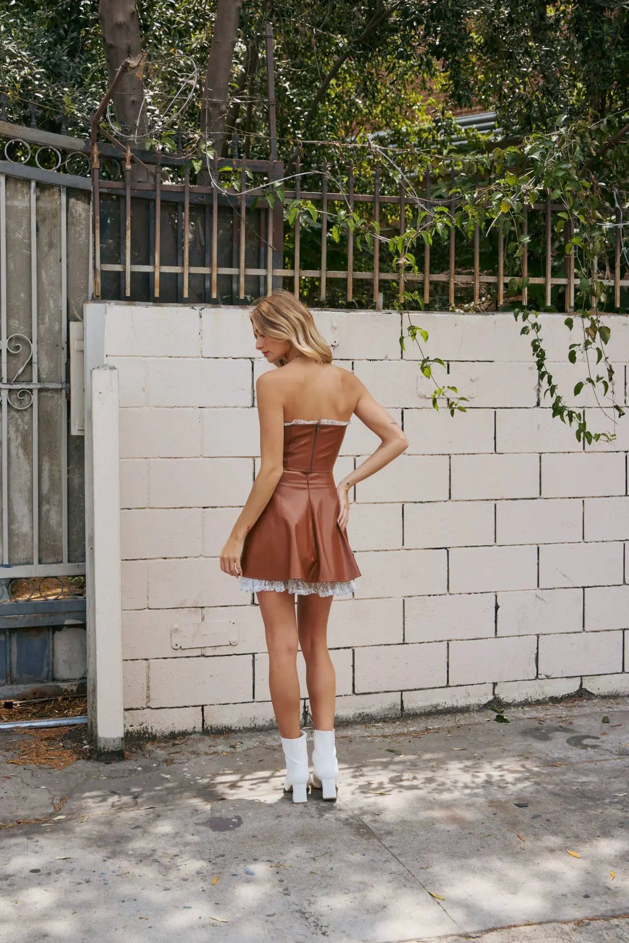 idem ditto Ruffled Lace Faux Leather Mini Skirt - Skirts