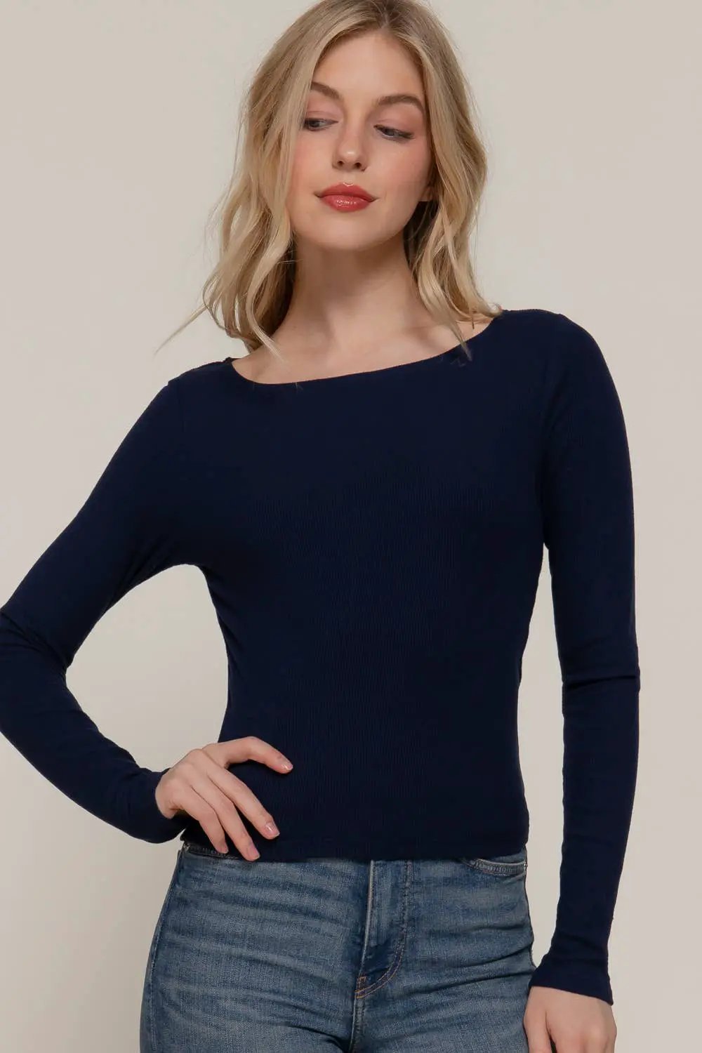 Active Basic | Active USA Active Basic | Active USA - Long Sleeve Boat Neck Brushed Rib Knit Top in Charcoal - Clothing Tops