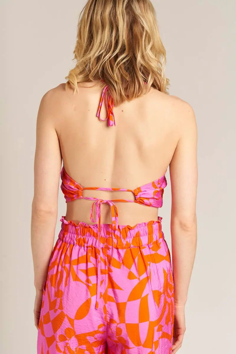En Crème En Crème Pink Orange Printed Cropped Halter Top and Pants Set - Dresses printed cropped halter top and pant set