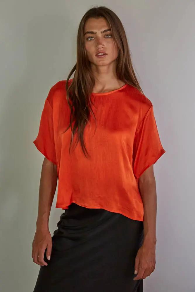 By Together Woven Cupro Viscose Rayon Short Sleeve Top in Red Orange - Blouses