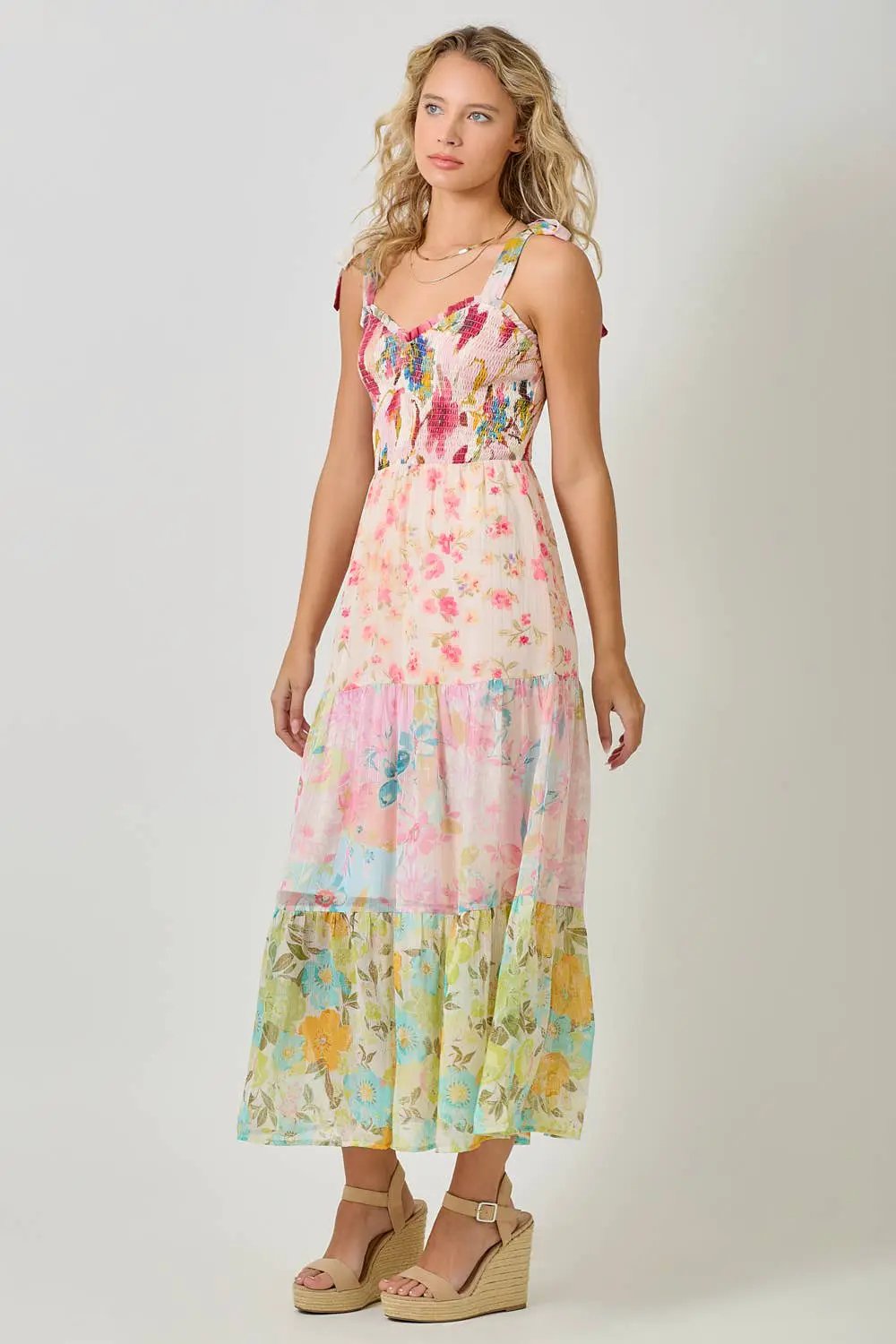 Mystree Mystree Rose Mix Strap Tied Smocked Top Tiered Long Dress - Dresses