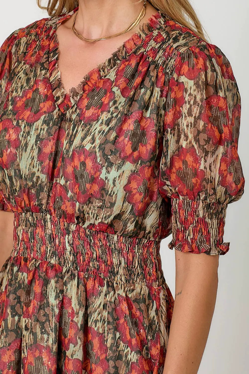 Mystree Mystree Red/Sage Lurex Flower Dress - Dresses