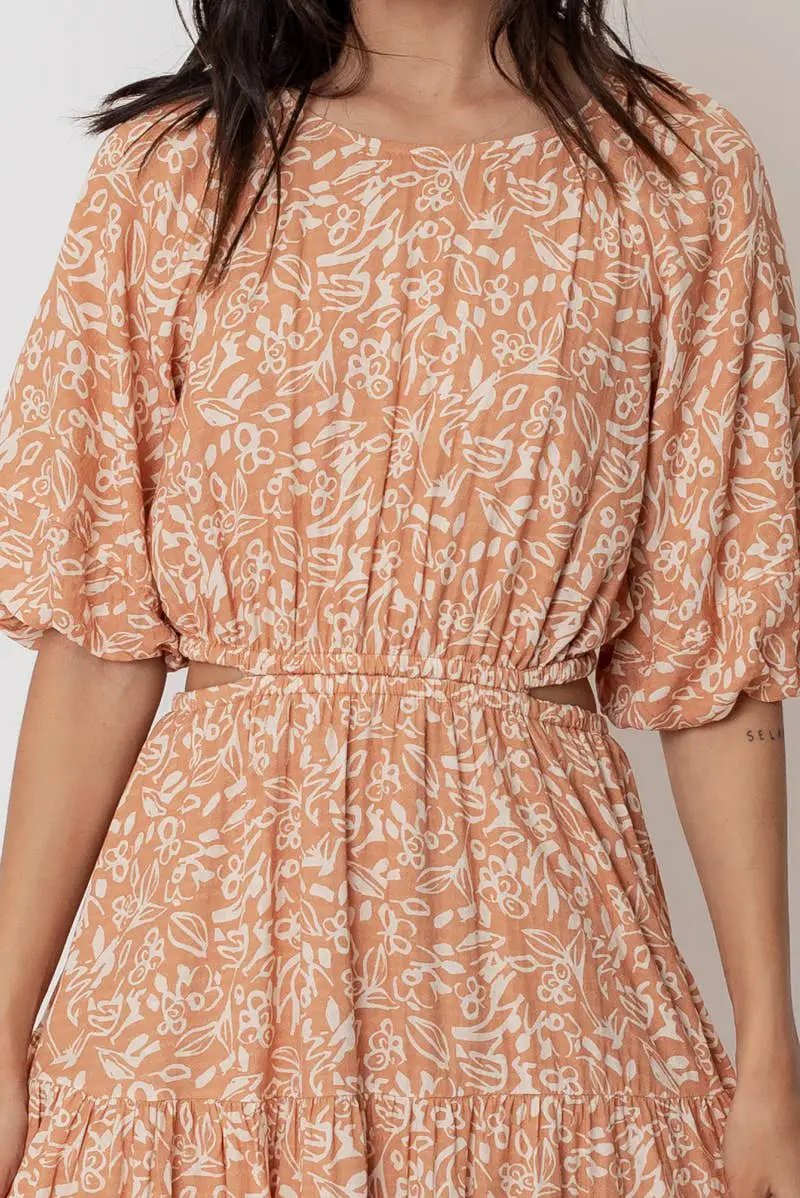 En Crème En Crème Light Brown Balloon Sleeve Mini Dress with Back Buttons - Dresses Balloon sleeve mini dress