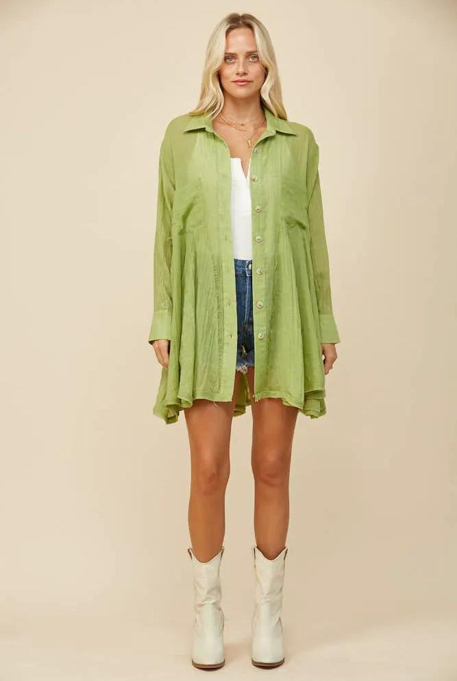 WISTERIA LANE Wisteria Lane - Lime Gauze Wide Sweep Paneled Shirt Dress - Dresses