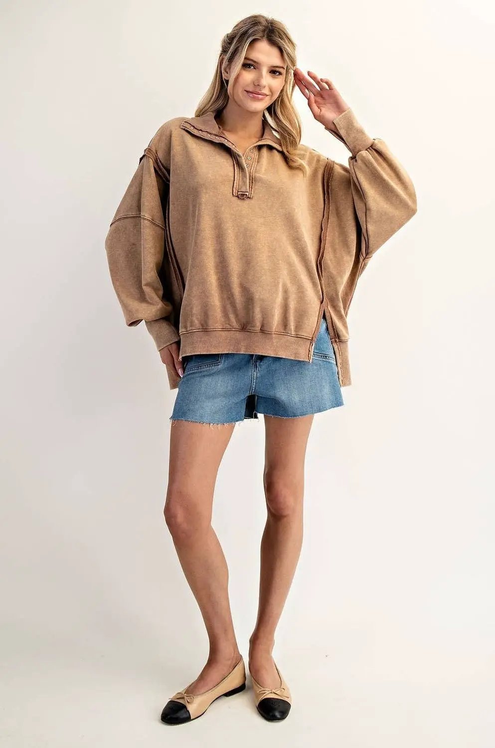 STYLE USA The Slow Burn Mocha Snap Collar Pullover - Sweatshirts