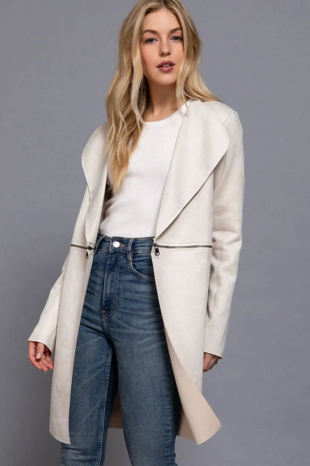 Active Basic | Active USA Active Basic | Active USA - Long Sleeve Front Two Zipper Detail Faux Suede Long Jacket in IVY - Coats & Jackets Long Sleeve Front Two Zipper Detail Faux Suede Long Jacket