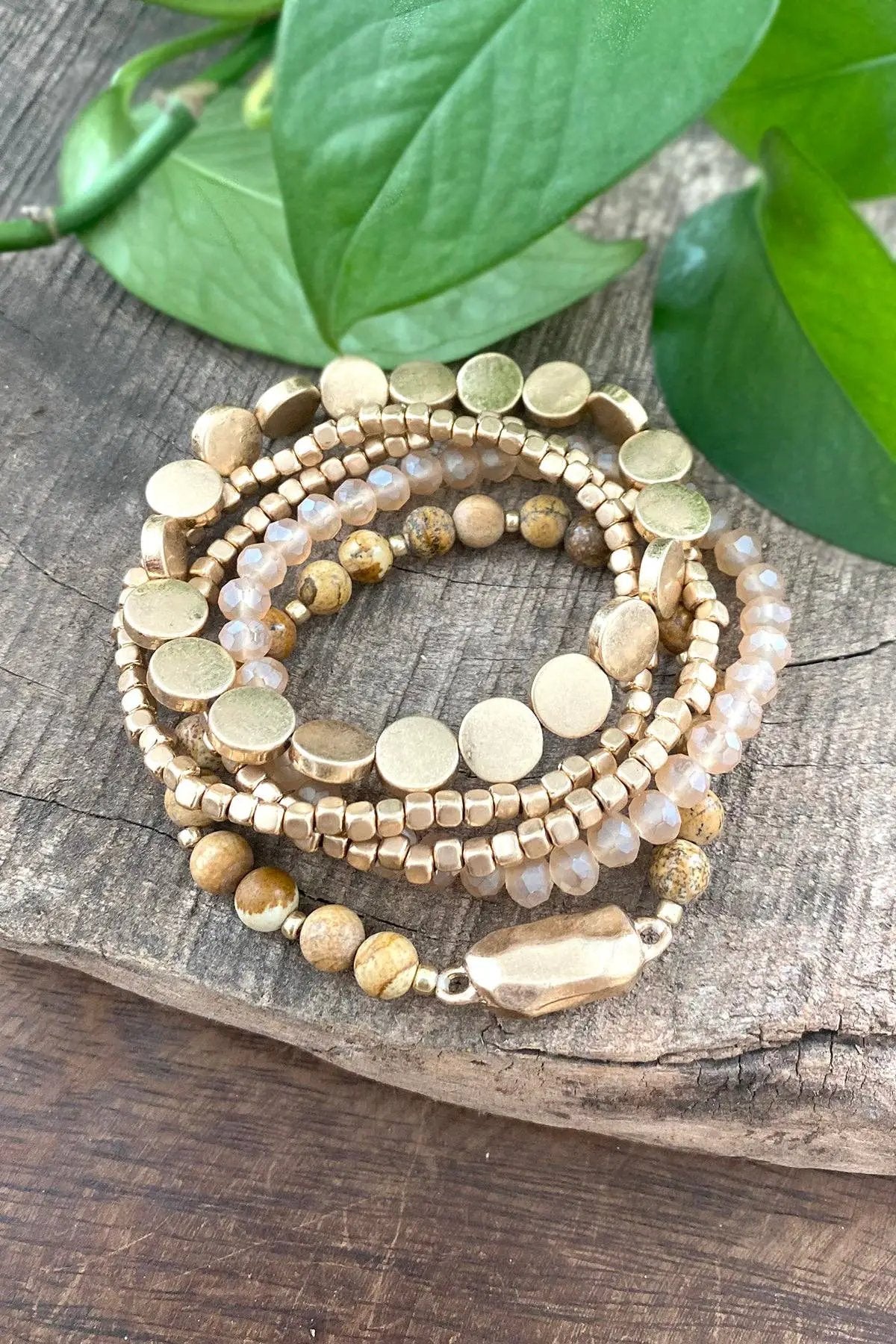 PennyLine inc The Boho Beaded Jasper (Golden Orange) Stone Five Stack Bracelet Set - Jewelry boho beaded bracelet stack