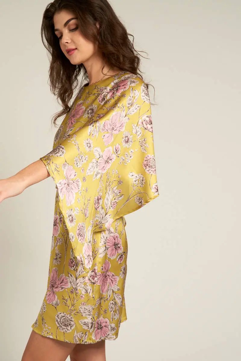 En Crème En Crème Dusty Lime Multi Cape Sleeve Floral Mini Dress - Dresses