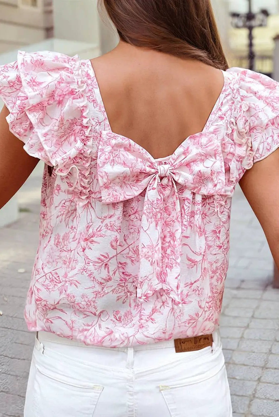 1 the Woman Sweet as Spring Pink Floral Bow Back Blouse - Blouses
