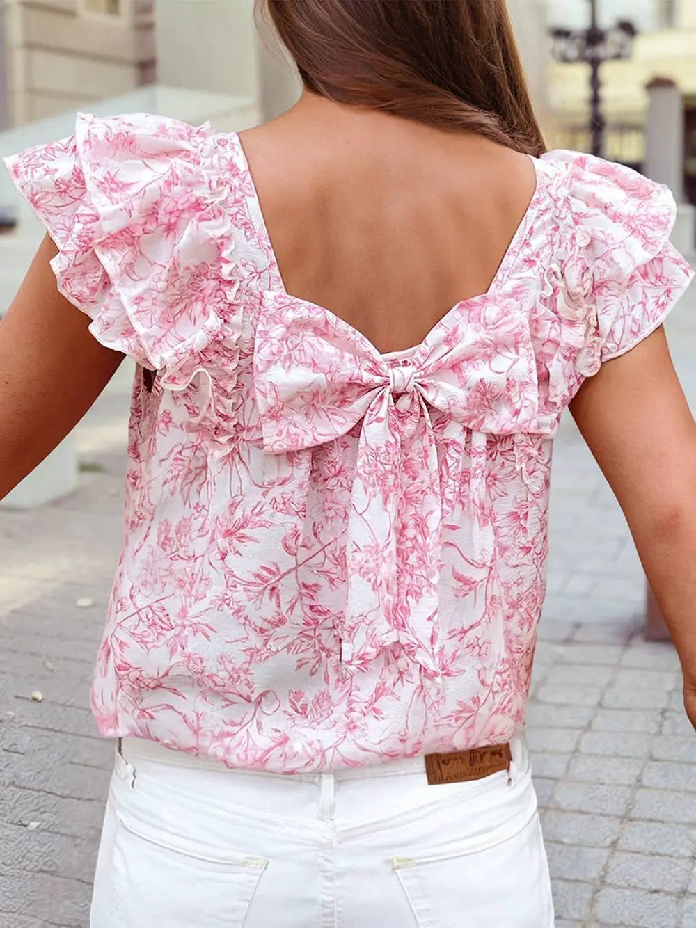 1 the Woman Sweet as Spring Pink Floral Bow Back Blouse - Blouses
