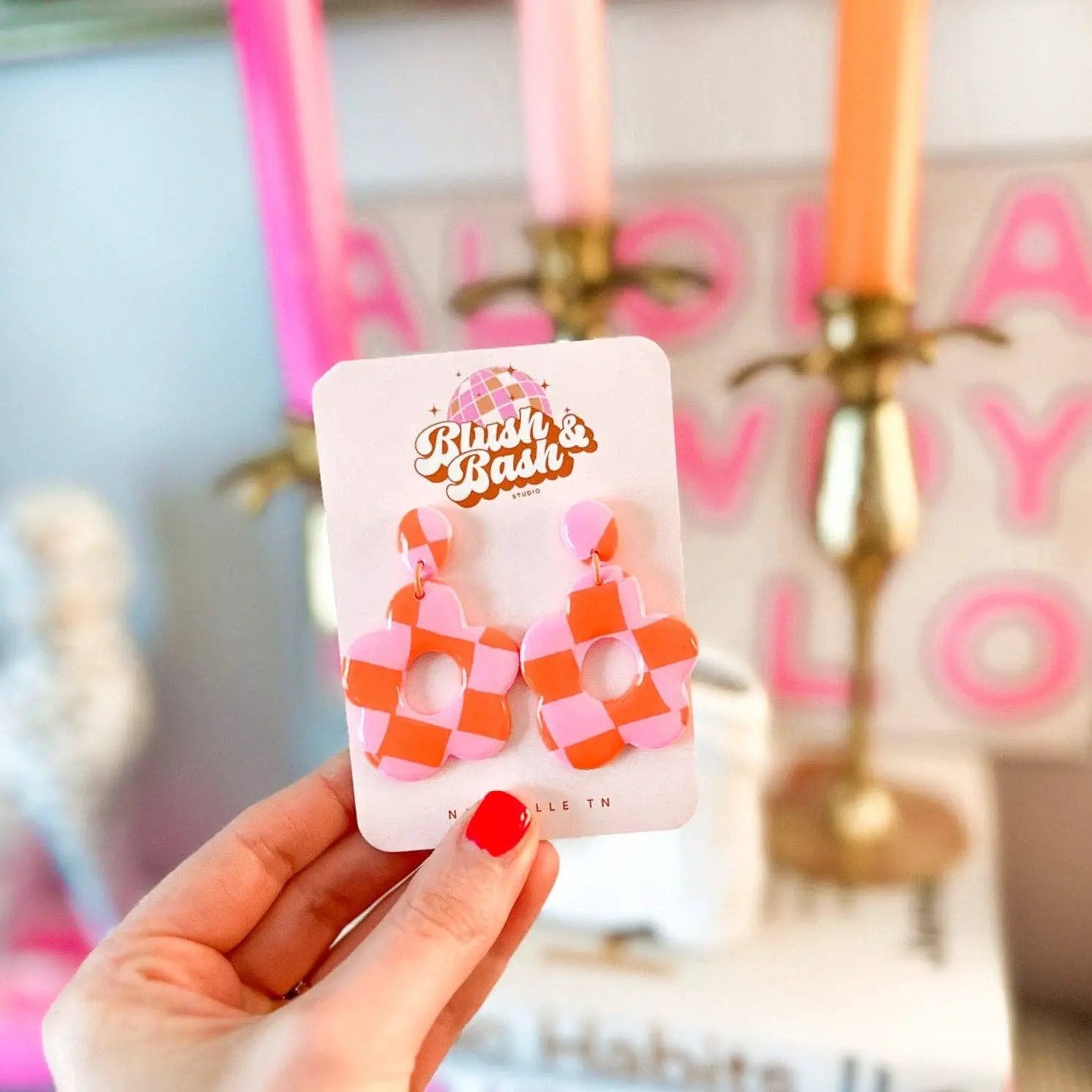 Blush and Bash Studio Blush and Bash Studio - Pink and Orange Checker Print Flower Earrings - Earrings