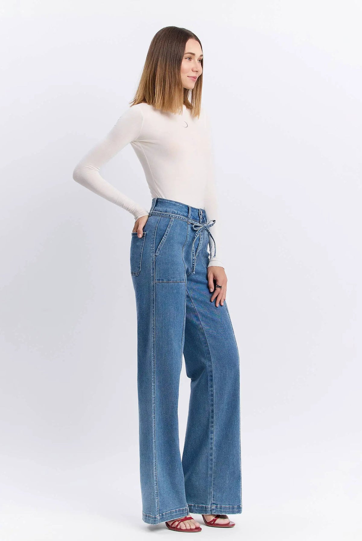 VERVET Olivia super high rise wide leg jeans with tie waistband in blue