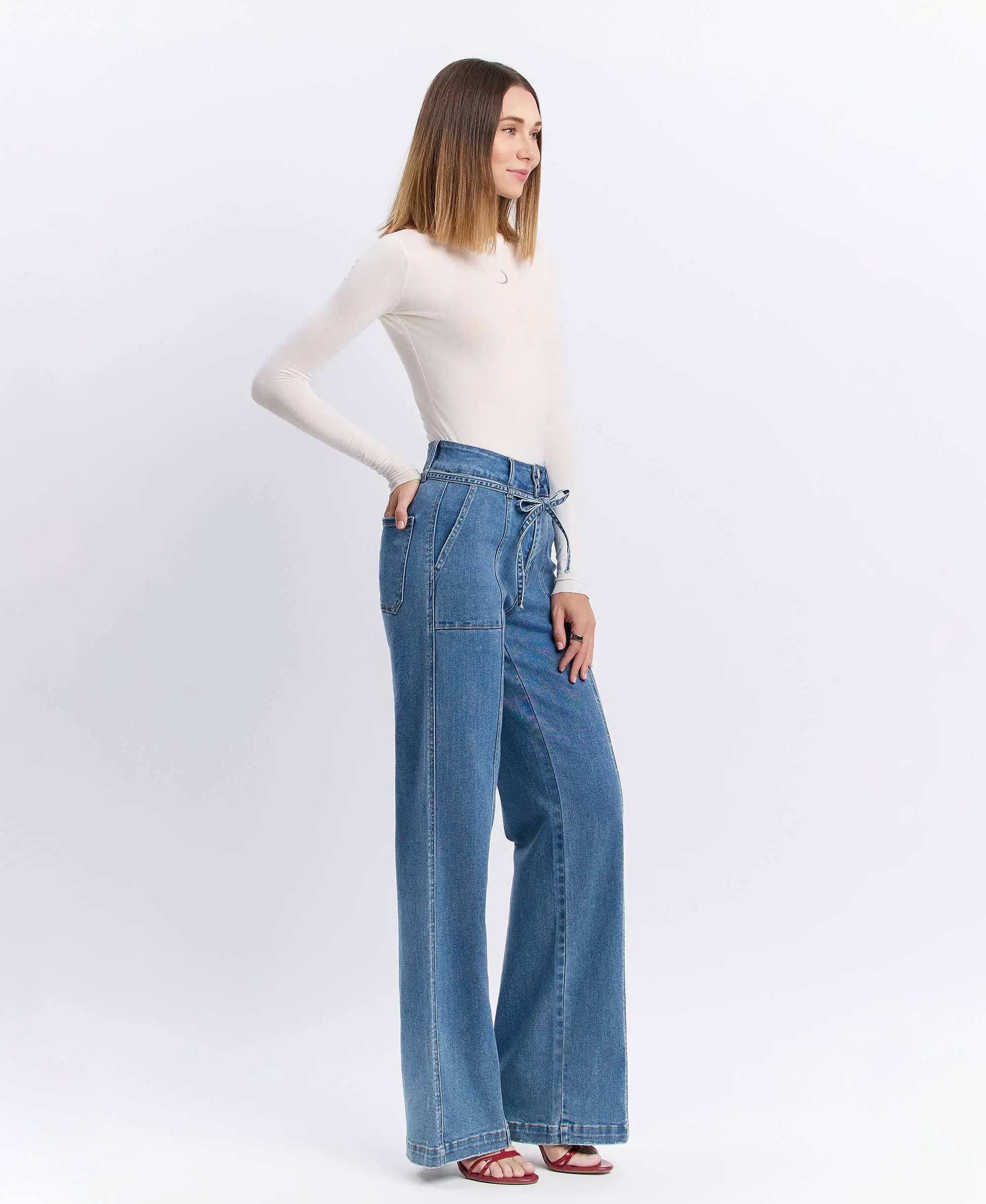 VERVET by FLYING MONKEY VERVET ‘Olivia’ Super High Rise Tie Waistband Wide Leg Jeans - Jeans