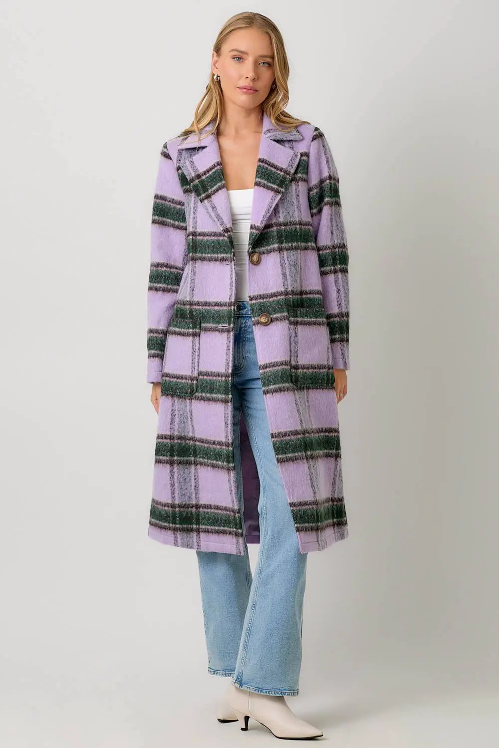 Mystree Mystree - Lavender Grove Fuzzy Plaid Long Coat - Overcoats