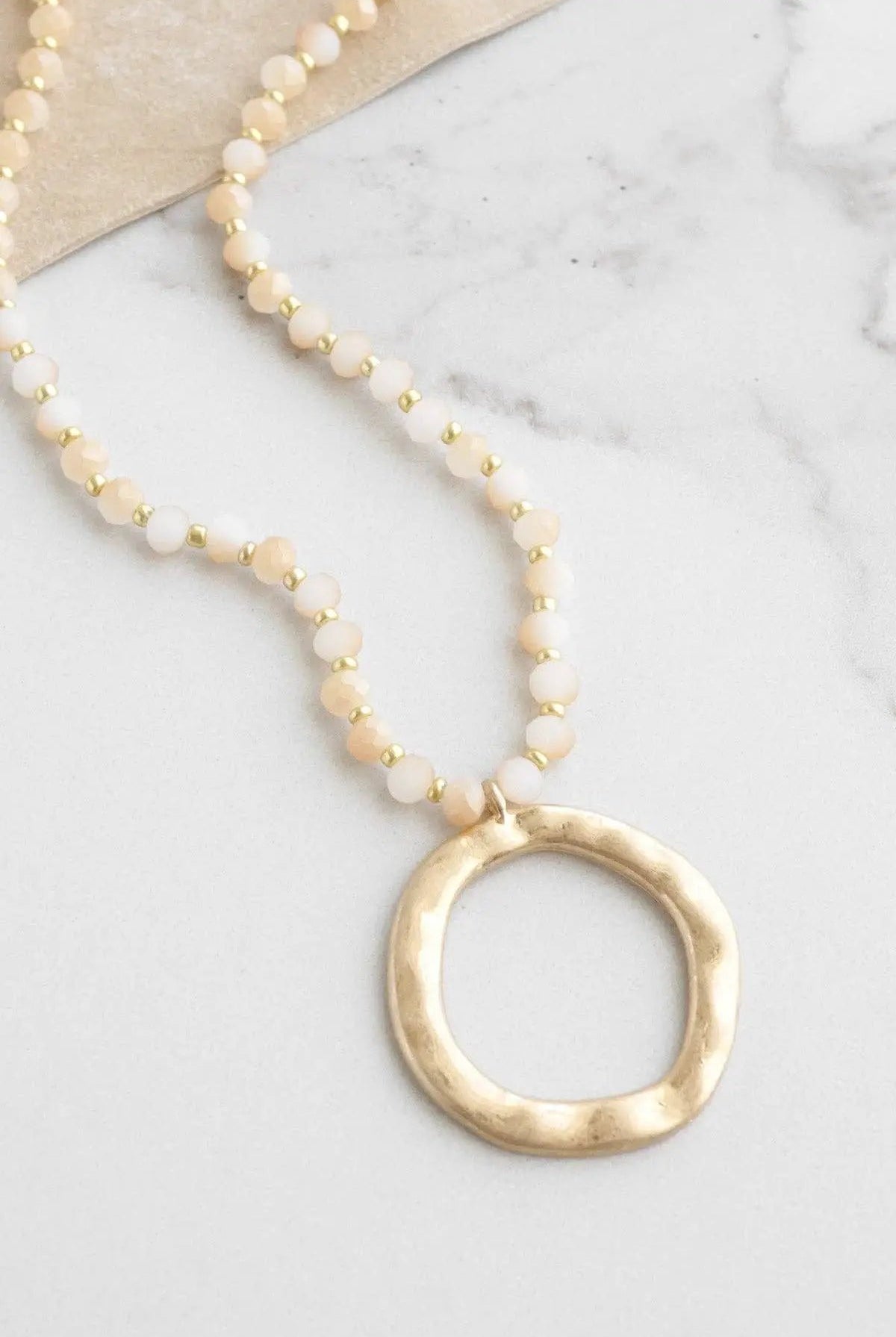 PennyLine inc The Light Brown Beaded Necklace with Gold Tone Circle Pendant - Jewelry beaded necklace