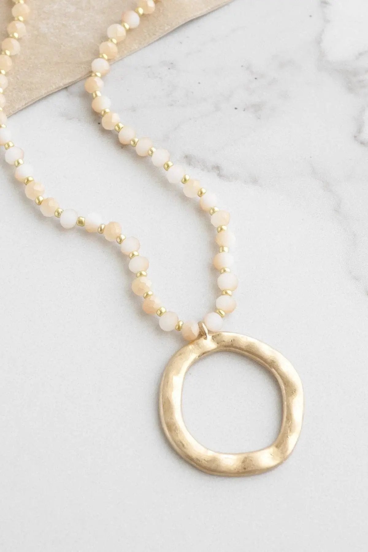 PennyLine inc The Light Brown Beaded Necklace with Gold Tone Circle Pendant - Jewelry beaded necklace