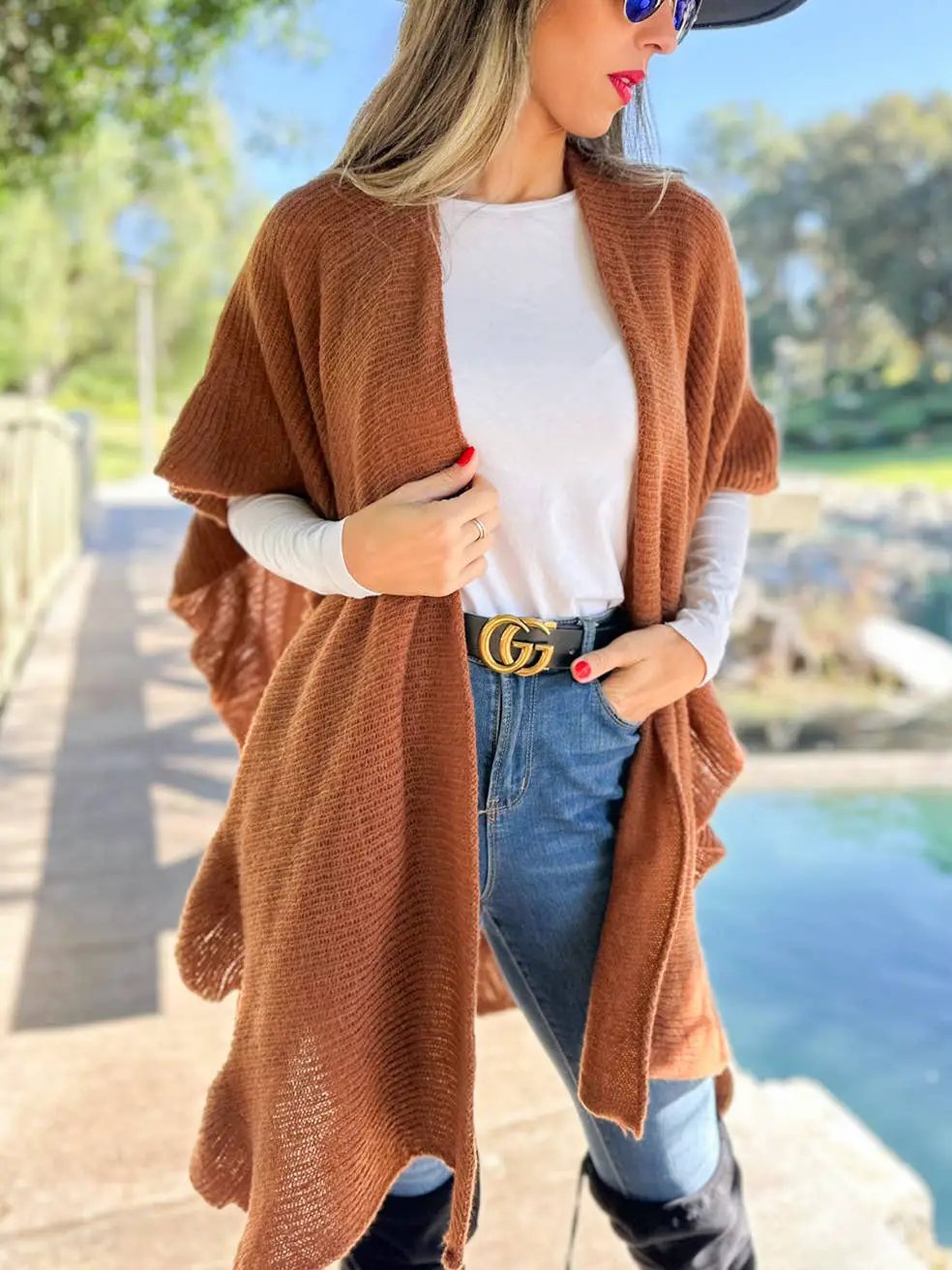 AMOLI The Soft Brown Ruffle Detail Open Front Lightweight Ruana Shawl - Scarves & Shawls