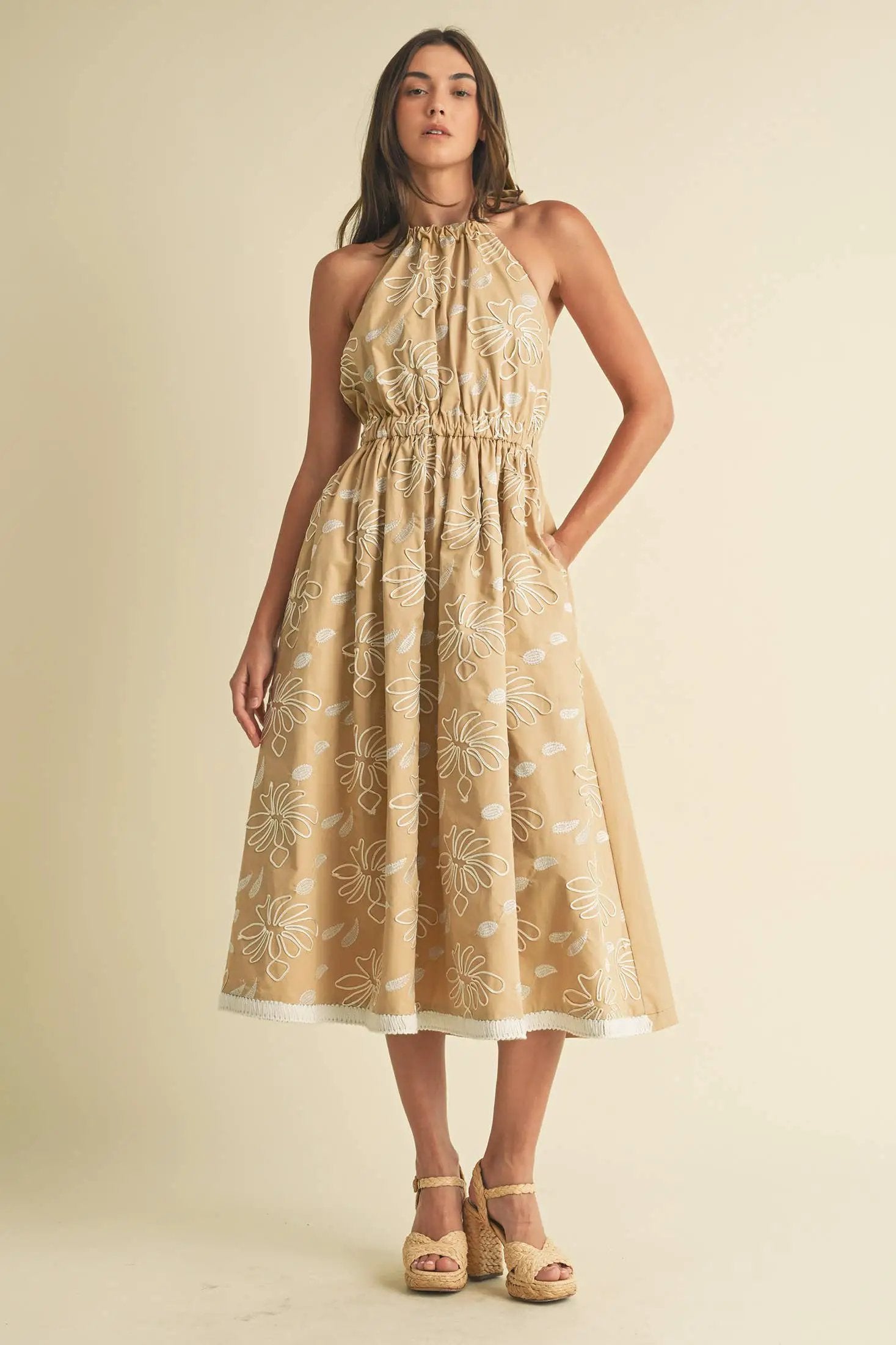 Endless Blu Endless Blu Floral Sand Embroidered Midi Dress - Dresses