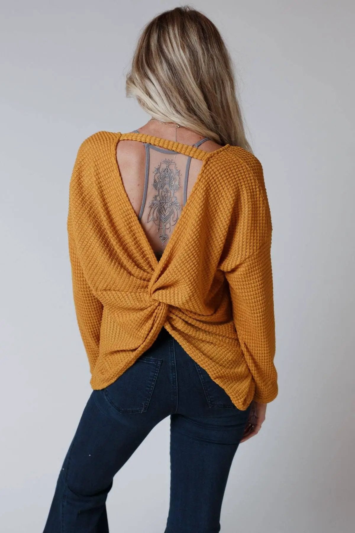 Three Bird Nest Three Bird Nest - Flattering Open Back Fall Thermal Knit Top in Mustard - Sweaters Three Bird Nest - Flattering Open Back Fall Thermal Knit Top in Mustard