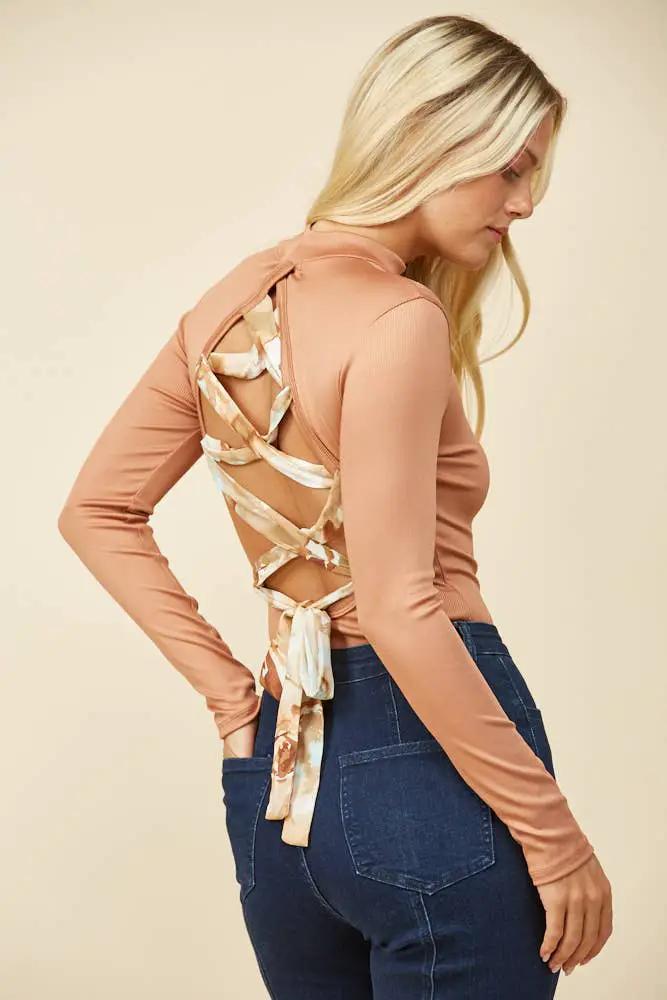 WISTERIA LANE The Sienna Secrets Lace-Up Back Mock Neck Bodysuit - Bodysuits