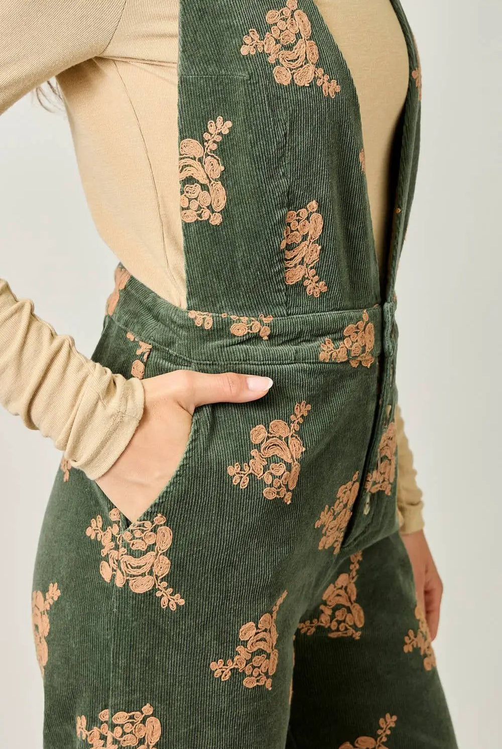 Mystree The Golden Grove Embroidered Corduroy Jumpsuit – Vintage Olive - One-Pieces