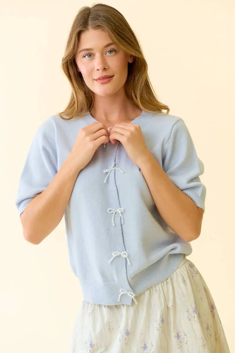 Doe and Rae The Sweet Poise Pearl Bow Knit Cardigan - Cardigans