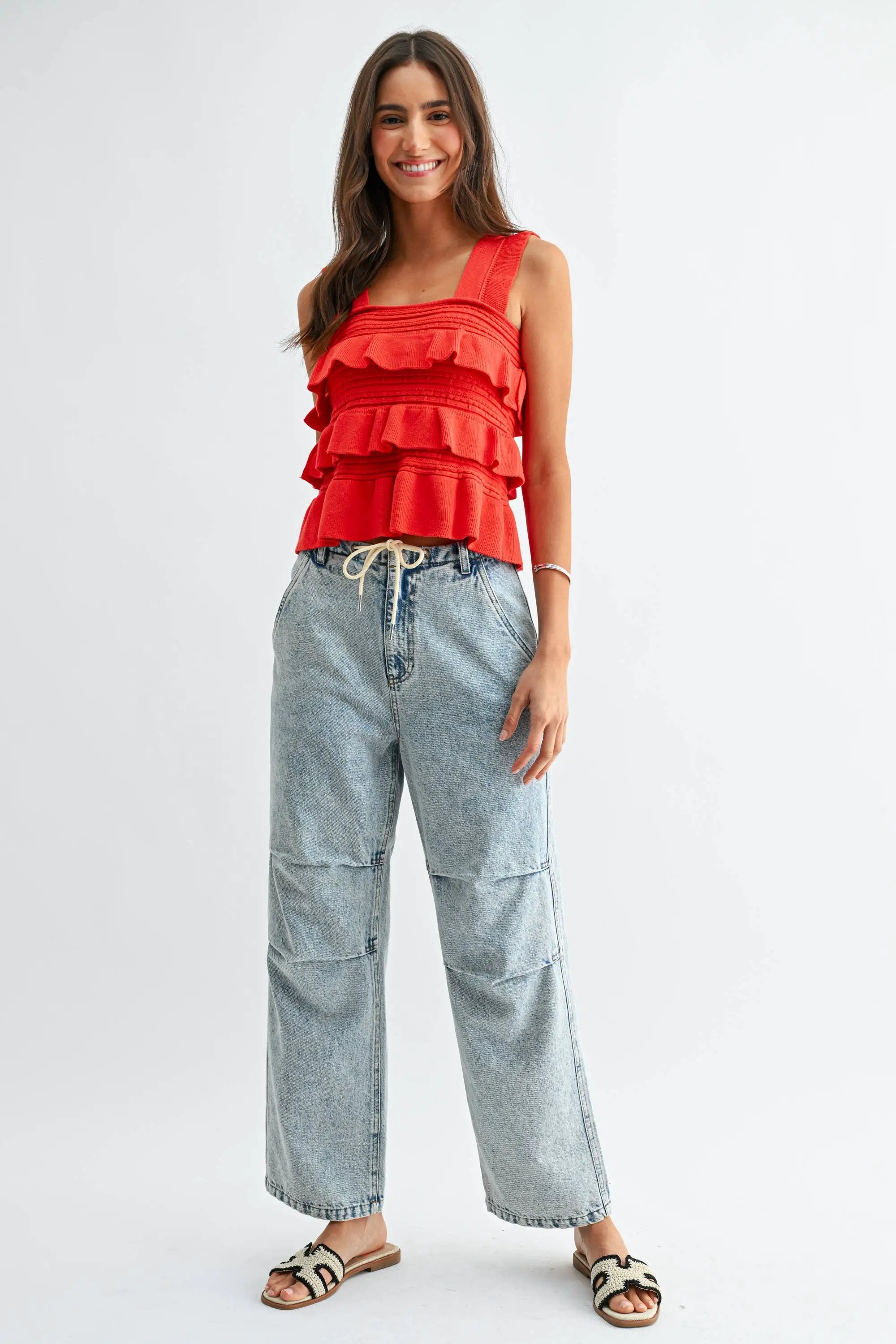 Camellia Camellia - CB10040E Relaxed Fit Wide-Leg Jeans with Drawstring: LIGHT WASHED DENIM / S-M-L (3-2-1) -