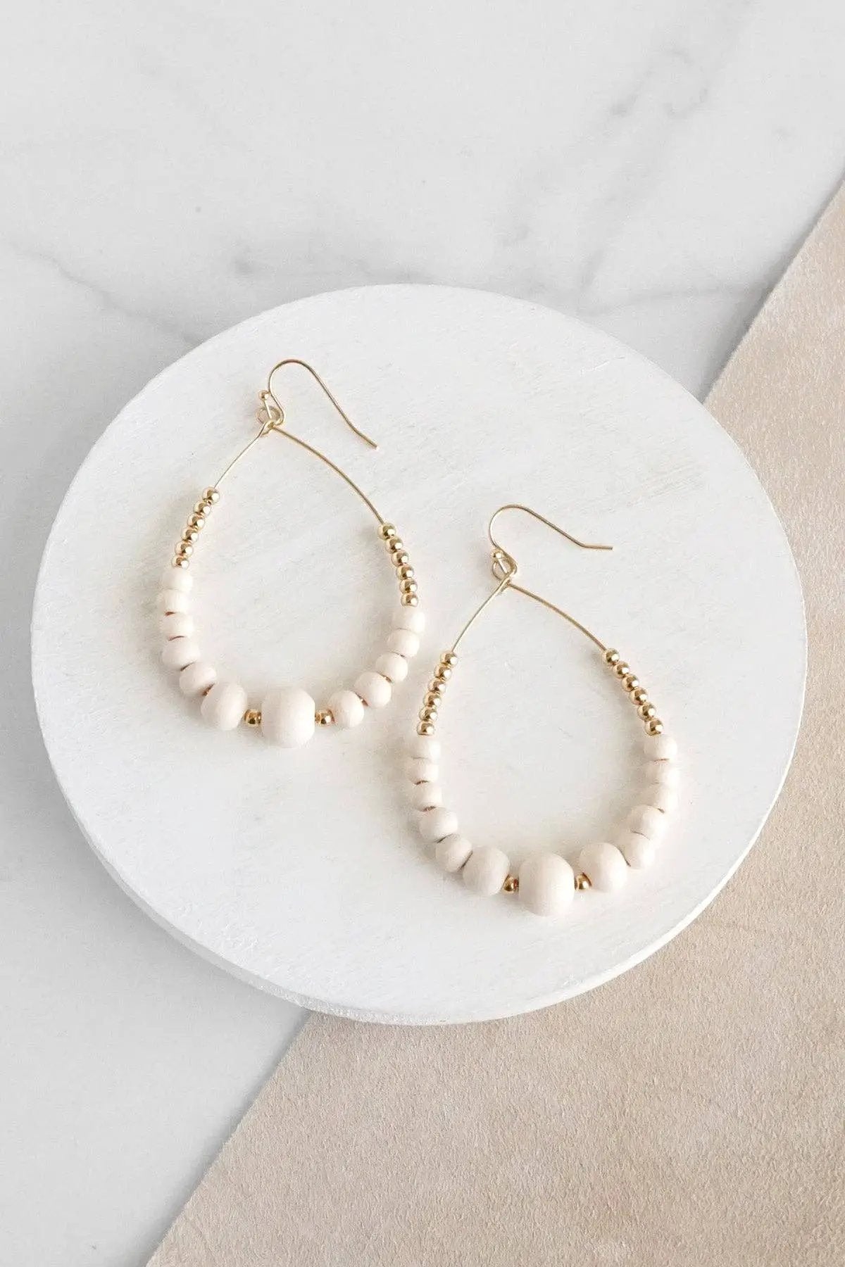PennyLine inc The Simply Stunning Wooden Teardrop Earrings - Jewelry natural wood & gold beaded teardrop hoop earrings