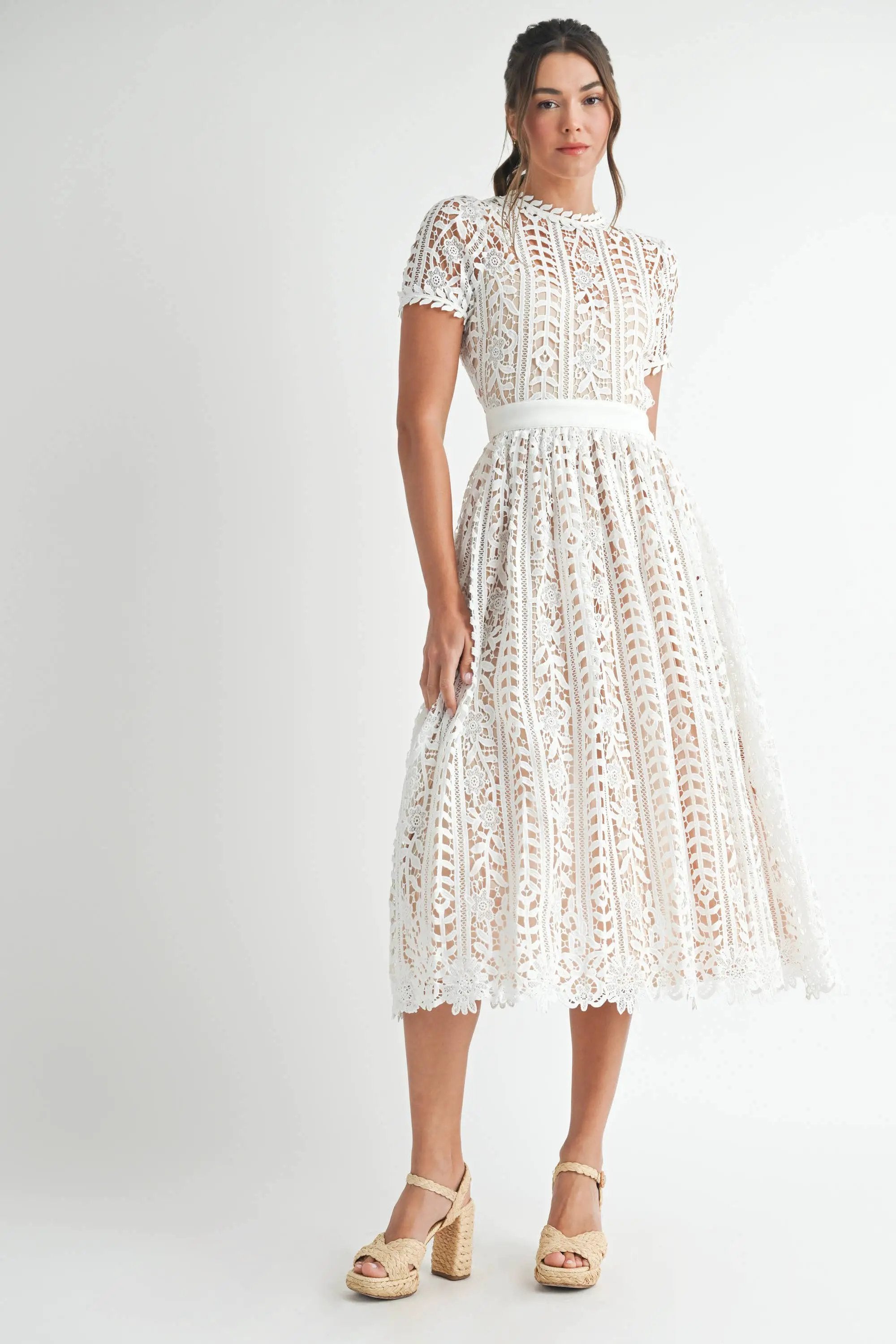 Endless Blu Endless Blu Short Sleeve White Lace Midi Dress - Dresses