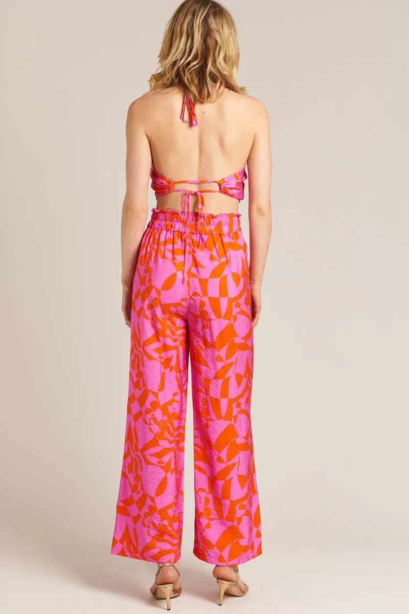 En Crème En Crème Pink Orange Printed Cropped Halter Top and Pants Set - Dresses printed cropped halter top and pant set