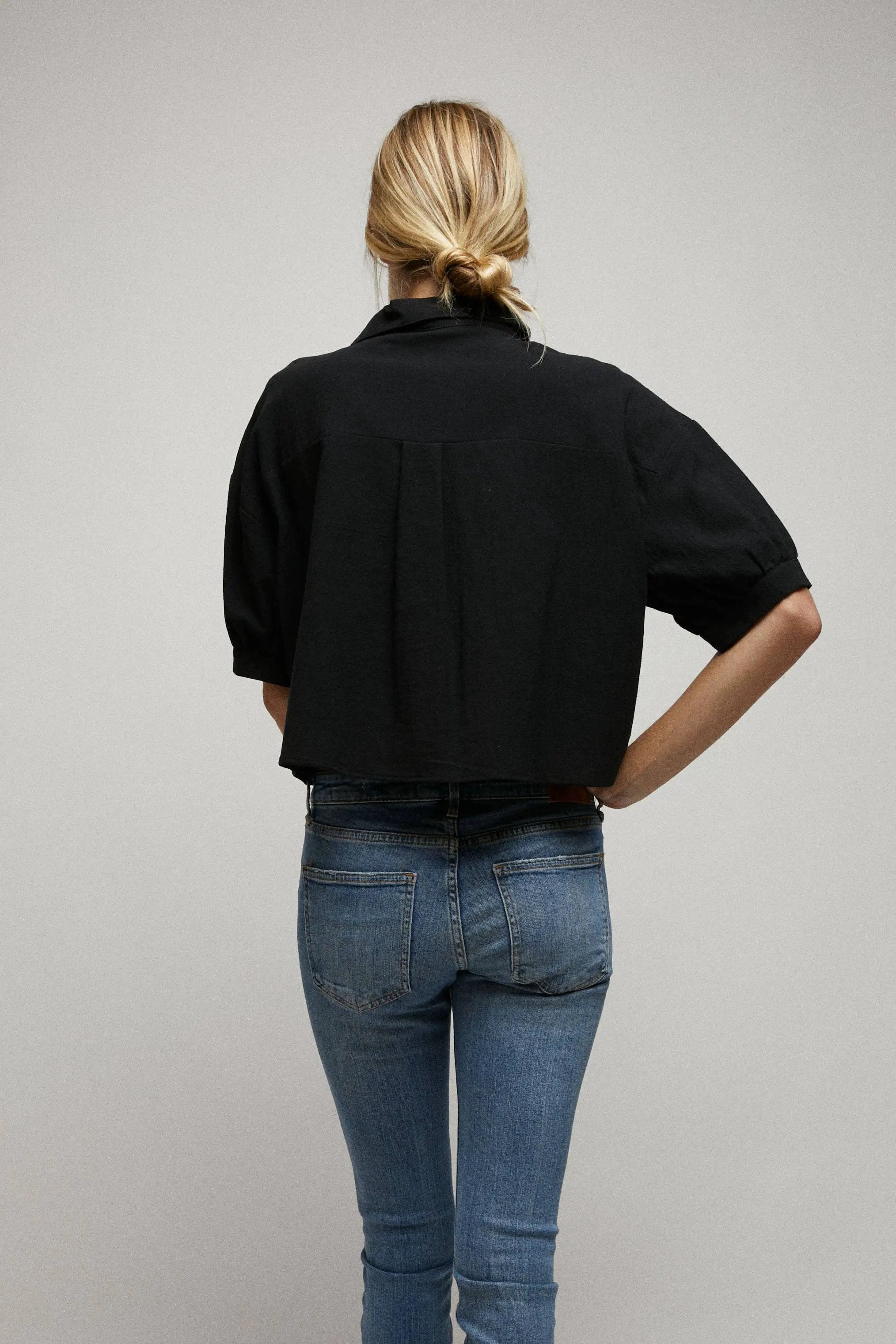 Cerule Elbow Sleeves Button Down 2 Pocket Crop Shirt - Shirts