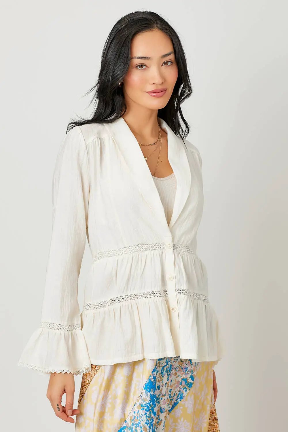 Mystree The Whispering Willow Tiered Lace Button-Down Blazer - Blouses