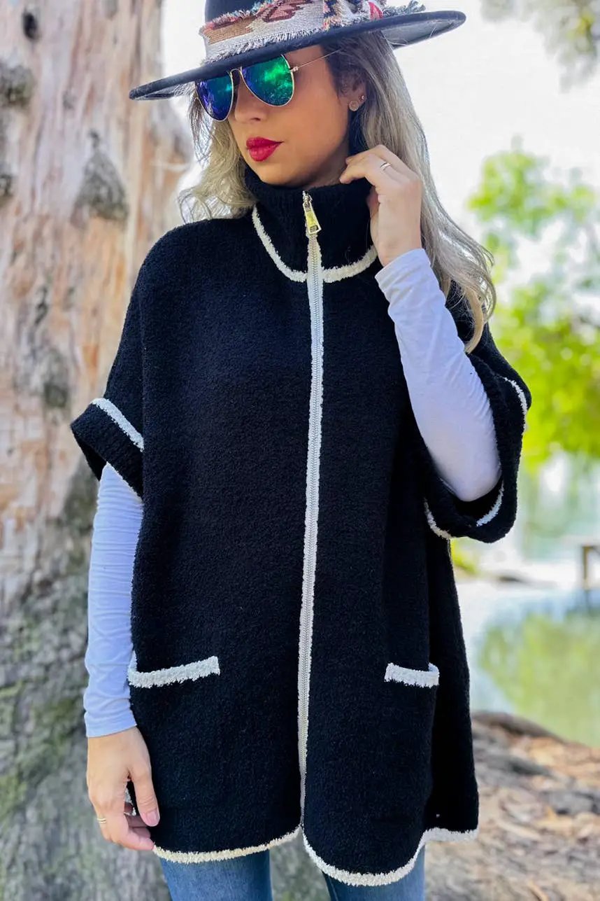 AMOLI AMOLI - Black Contemporary Soft Knitted Zip-Up Cozy Pocket Zip-Up Cardigan - Cardigans