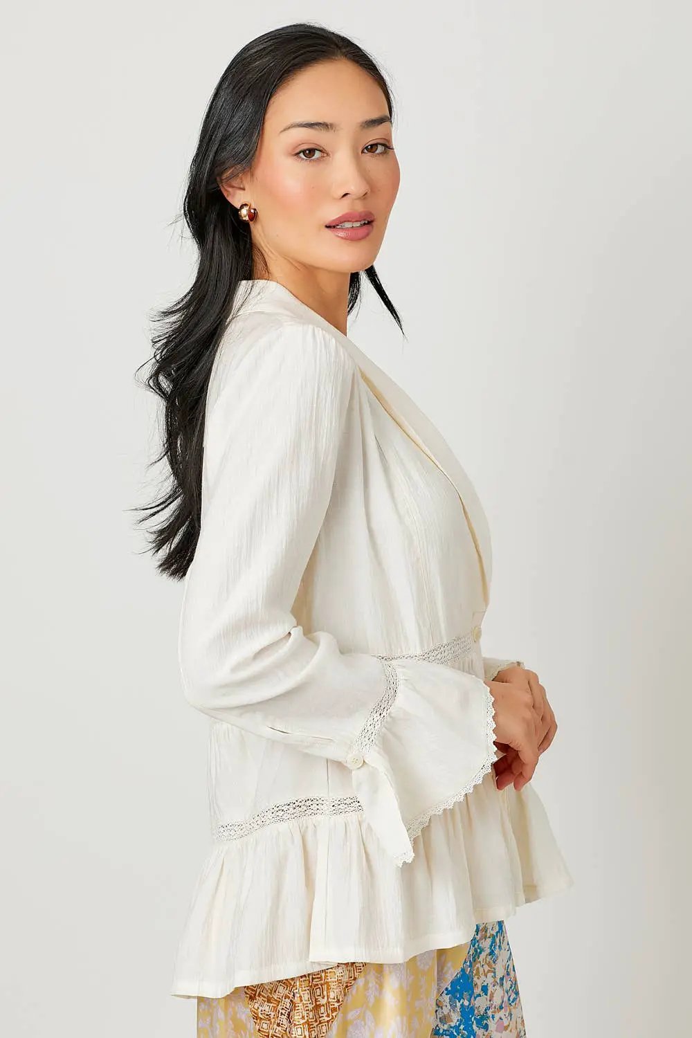 Mystree The Whispering Willow Tiered Lace Button-Down Blazer - Blouses