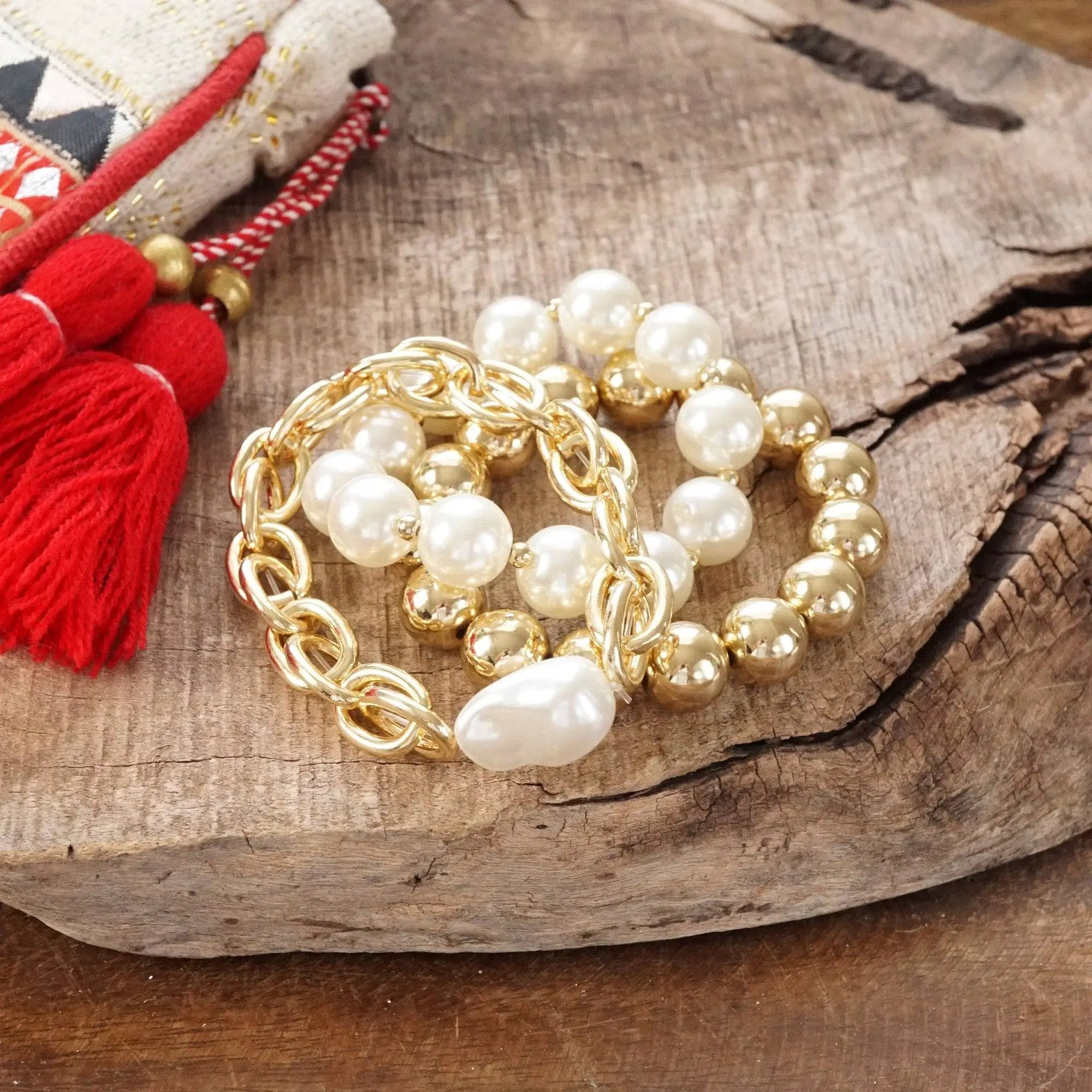 PennyLine inc The Chunky Chain & Pearl Stack Bracelet Set - Jewelry chunky chain and beads bracelet