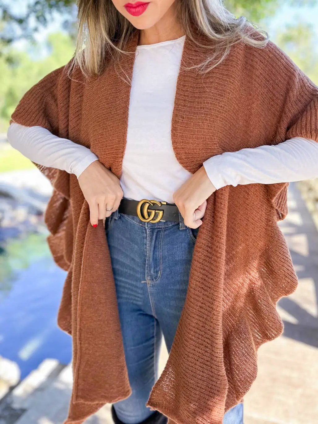 AMOLI The Soft Brown Ruffle Detail Open Front Lightweight Ruana Shawl - Scarves & Shawls
