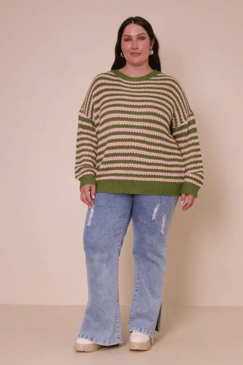 Hayden LA Hayden LA - Womens Striped Drop Shoulder Low Gauge Sweater: Olive & Pink Mix - Sweaters