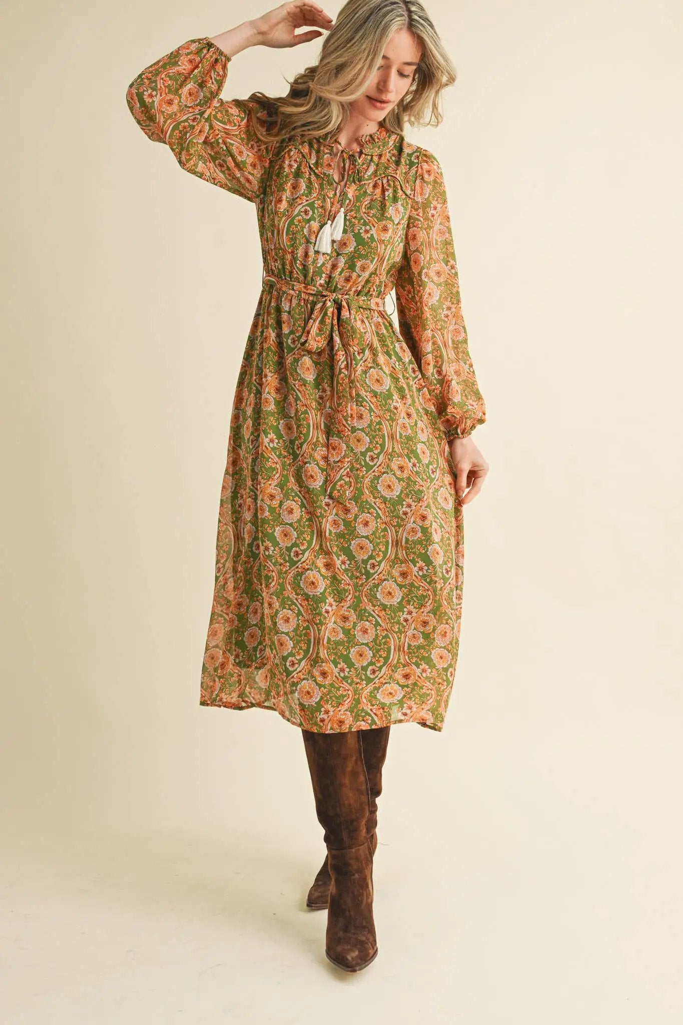 &MERCI Golden Grove Tassel Belted Midi Dress – Olive Floral - Dresses