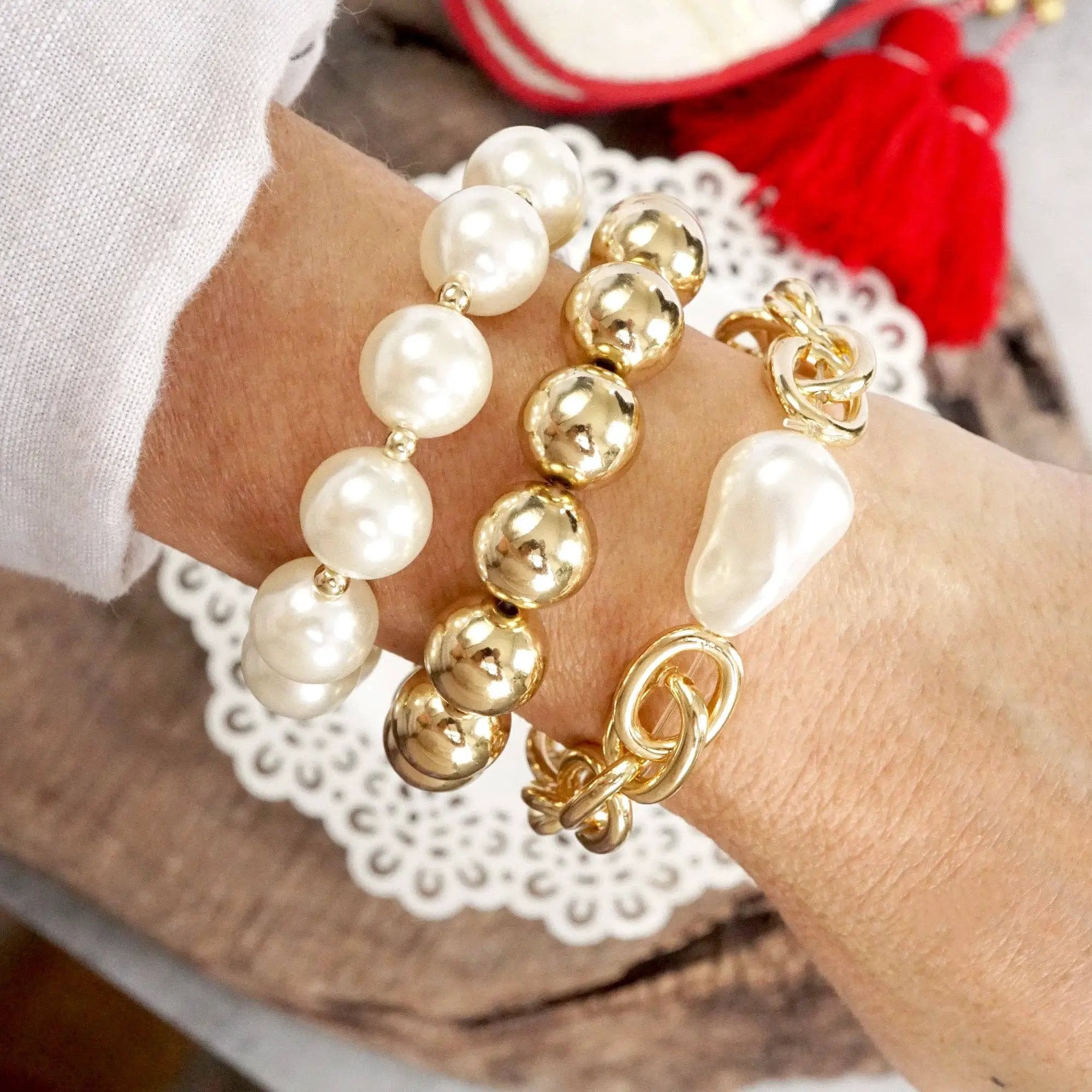 PennyLine inc The Chunky Chain & Pearl Stack Bracelet Set - Jewelry chunky chain and beads bracelet