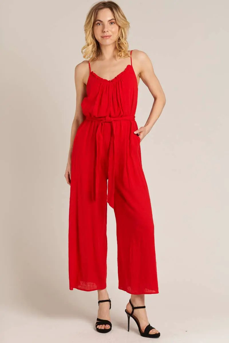 En Crème En Crème Red Sleeveless Belted Jumpsuit - One-Pieces red sleeveless jumpsuit
