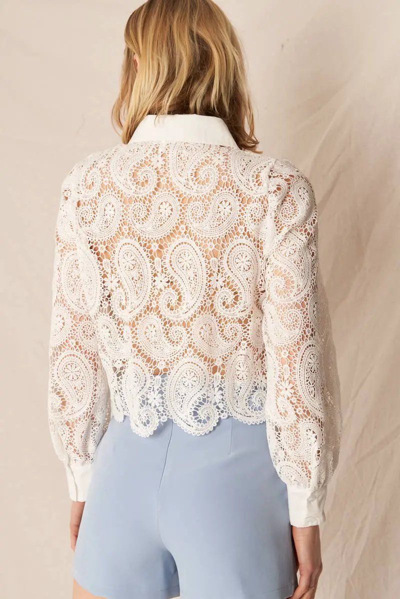 En Crème En Crème White Long Sleeve Paisley Lace Button Down Top - Blouses