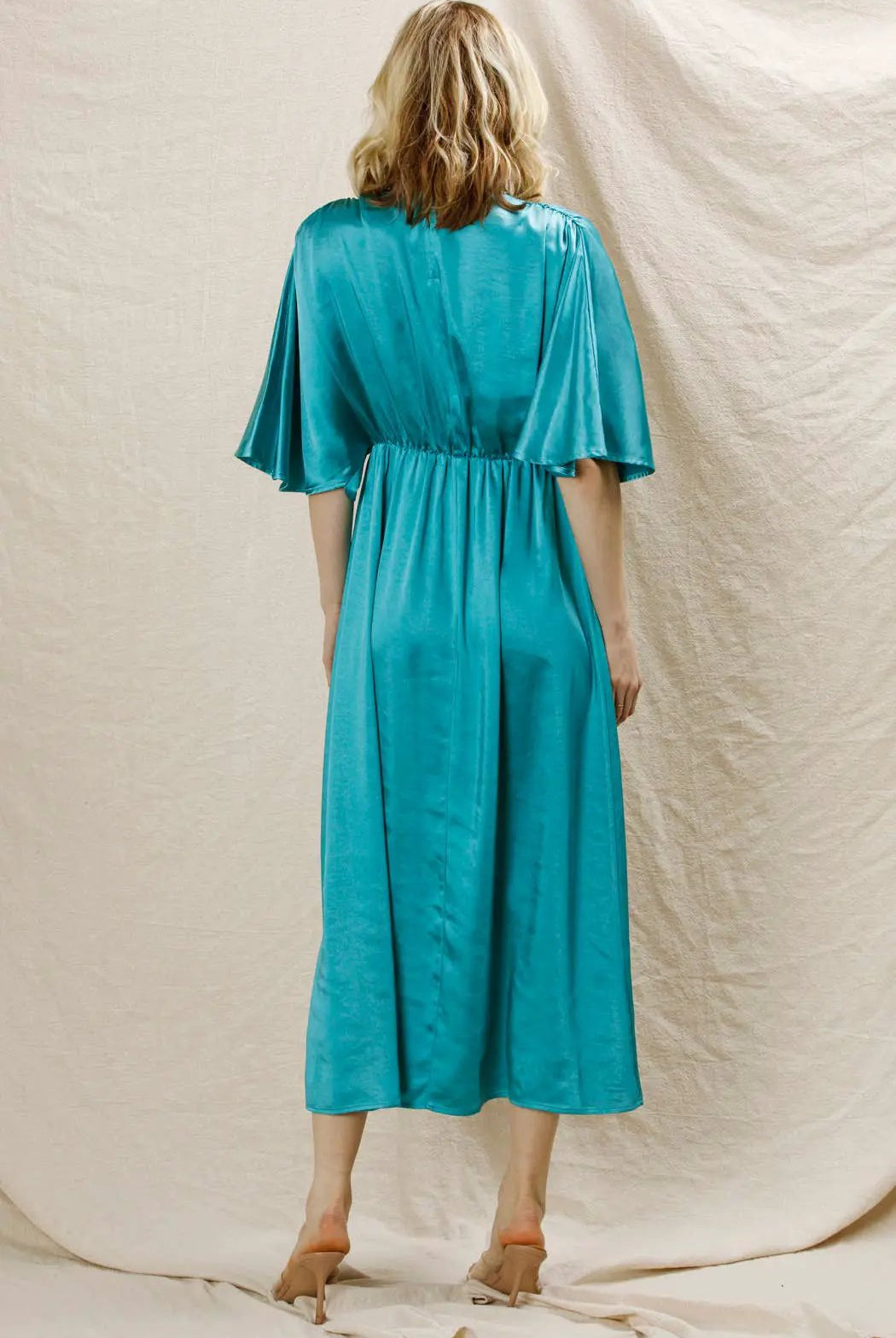 En Crème En Crème Aqua V-Neck Satin Maxi Dress with O-Ring Detail - Dresses Satin maxi dress with O-ring detail