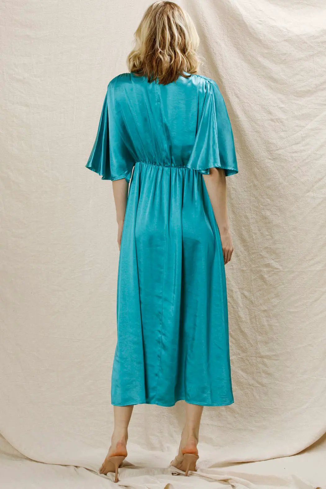 En Crème En Crème Aqua V-Neck Satin Maxi Dress with O-Ring Detail - Dresses Satin maxi dress with O-ring detail