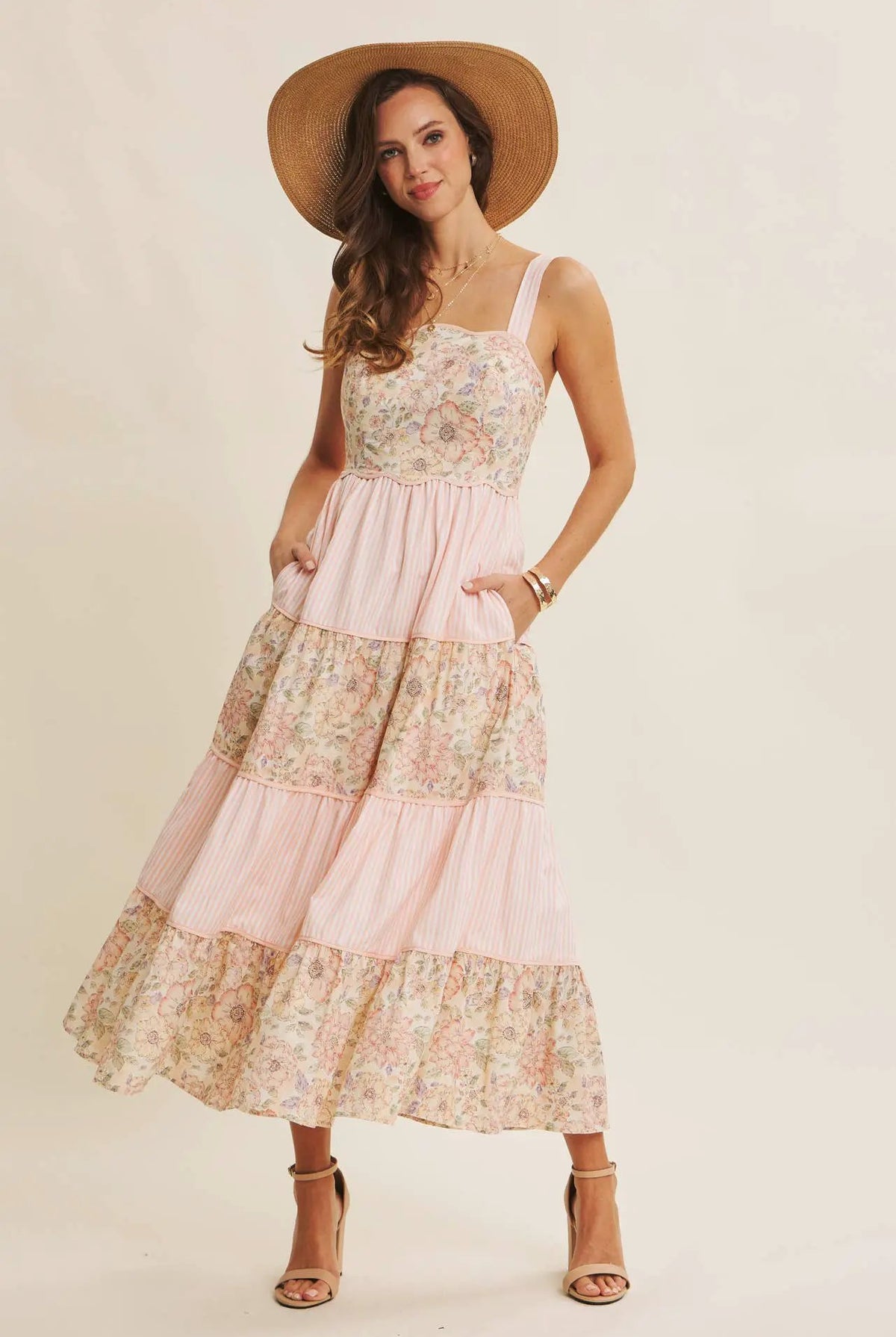 in february The Dreamy Tiered Patchwork Midi Dress: Peach Multi - Dresses