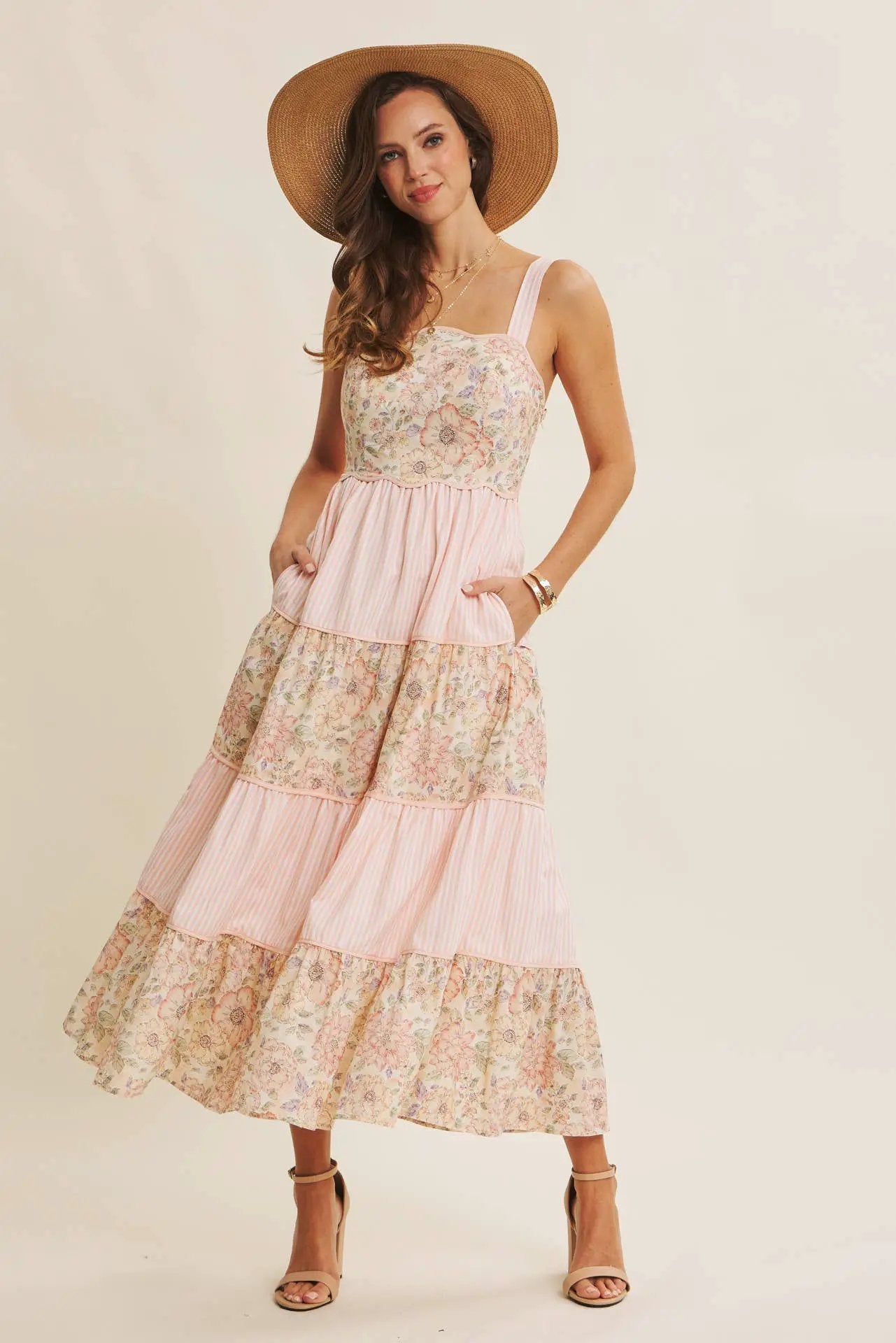 in february The Dreamy Tiered Patchwork Midi Dress: Peach Multi - Dresses