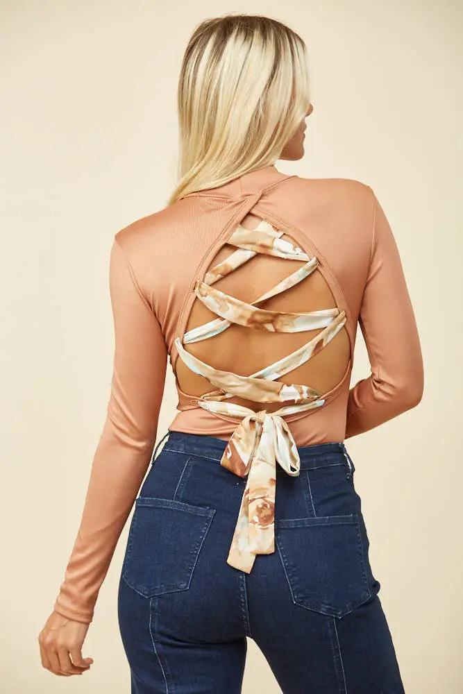 WISTERIA LANE The Sienna Secrets Lace-Up Back Mock Neck Bodysuit - Bodysuits