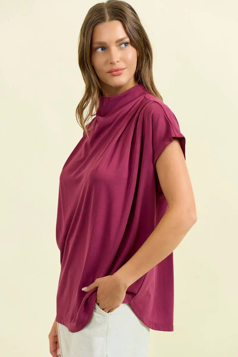 Doe and Rae The Velvet Current Draped Dolman Top – Burgundy - Blouses