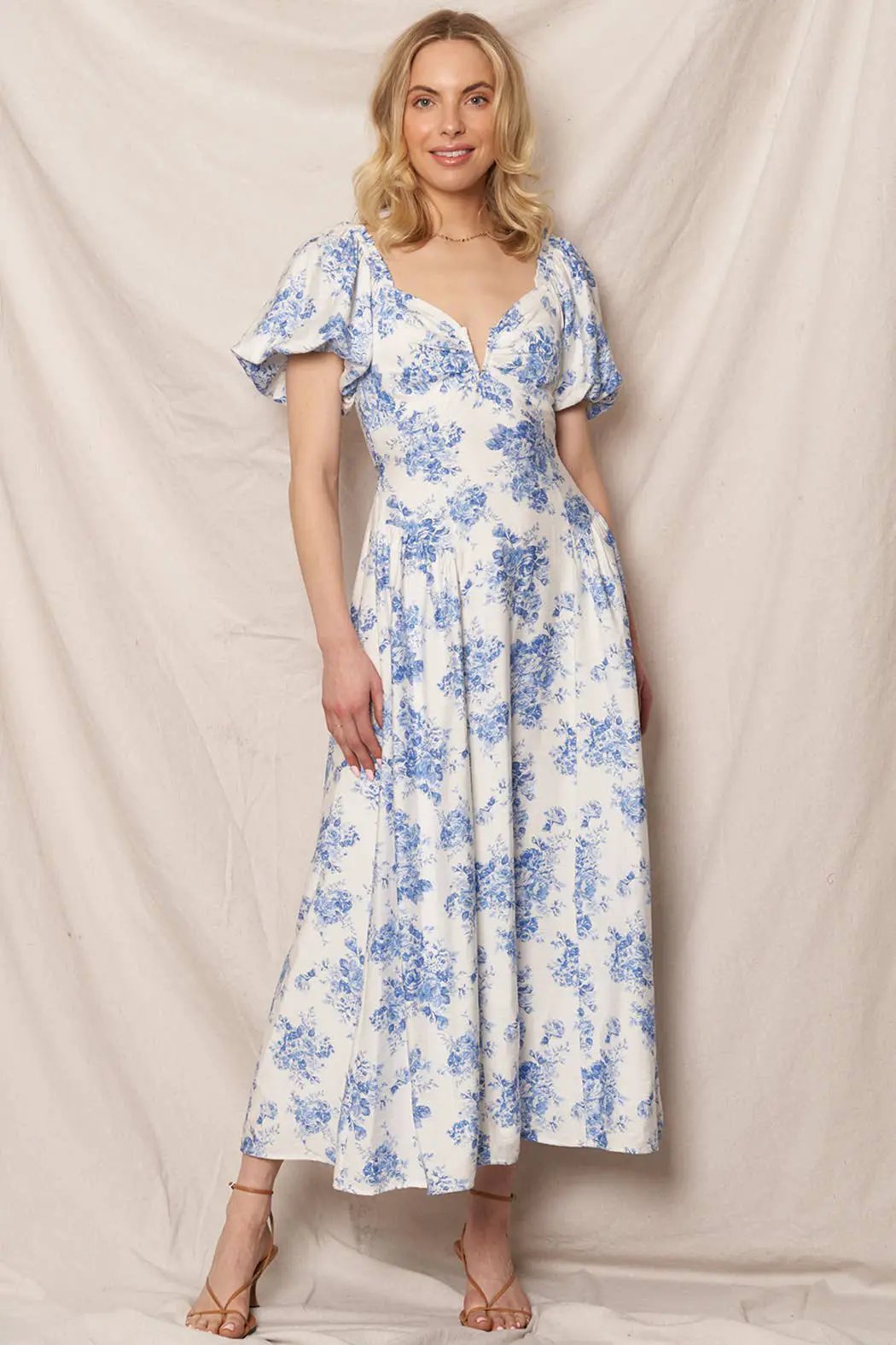 En Crème En Crème - Puff Sleeve Floral Print Midi Dress: White Blue - Dresses spring dress