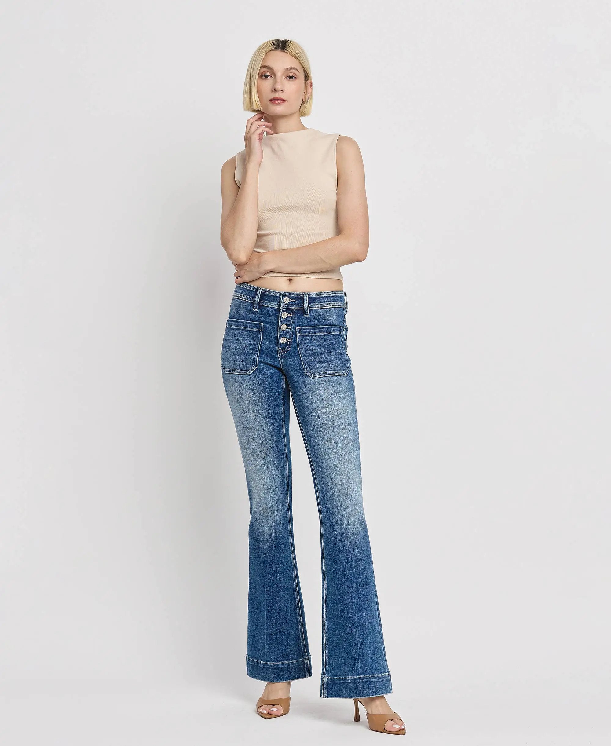 VERVET by FLYING MONKEY Mid Rise Trouser Hem Flare Jeans - Jeans